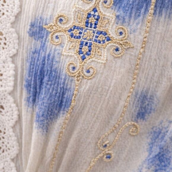 Blue & White Coastal Mini Dress | Boho Beach Cover | Lace Trim | Vacation Ready - Picture 4 of 4